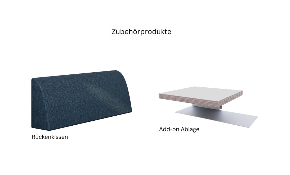 Zubehörprodukte zum Bett Corner. Eine Rückenkissen und eine Ablage.